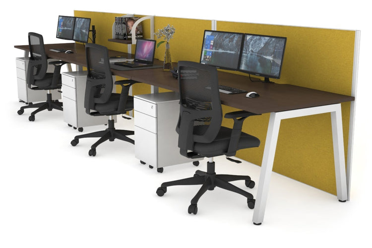 Horizon Quadro 3 Person Run A Leg Office Workstations [1800L x 800W with Cable Scallop] Jasonl white leg wenge mustard yellow (1200H x 5400W)