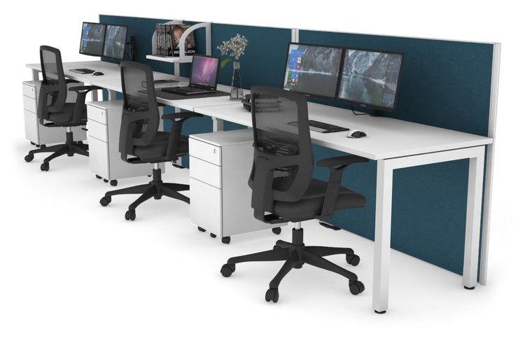 Horizon Quadro 3 Person Run Square Leg Office Workstations [1200L x 700W] Jasonl white leg white deep blue (1200H x 3600W)
