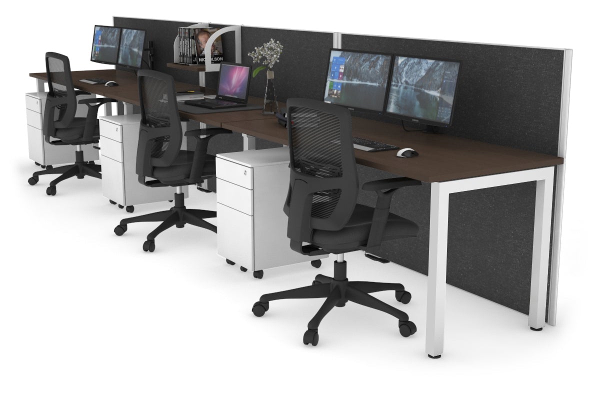 Horizon Quadro 3 Person Run Square Leg Office Workstations [1200L x 700W] Jasonl white leg wenge moody charcoal (1200H x 3600W)