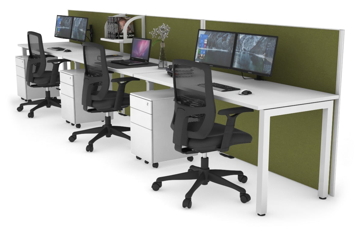 Horizon Quadro 3 Person Run Square Leg Office Workstations [1200L x 700W] Jasonl white leg white green moss (1200H x 3600W)