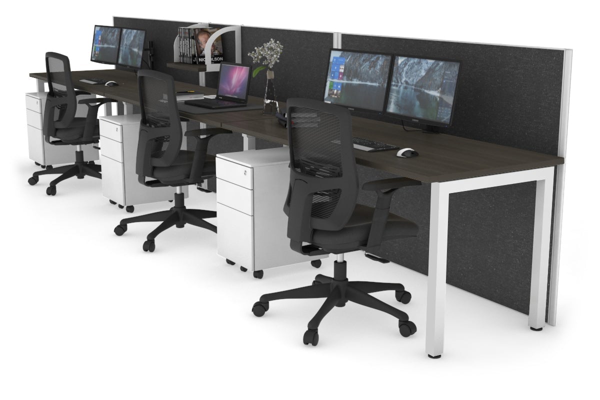 Horizon Quadro 3 Person Run Square Leg Office Workstations [1400L x 700W] Jasonl white leg dark oak moody charcoal (1200H x 4200W)