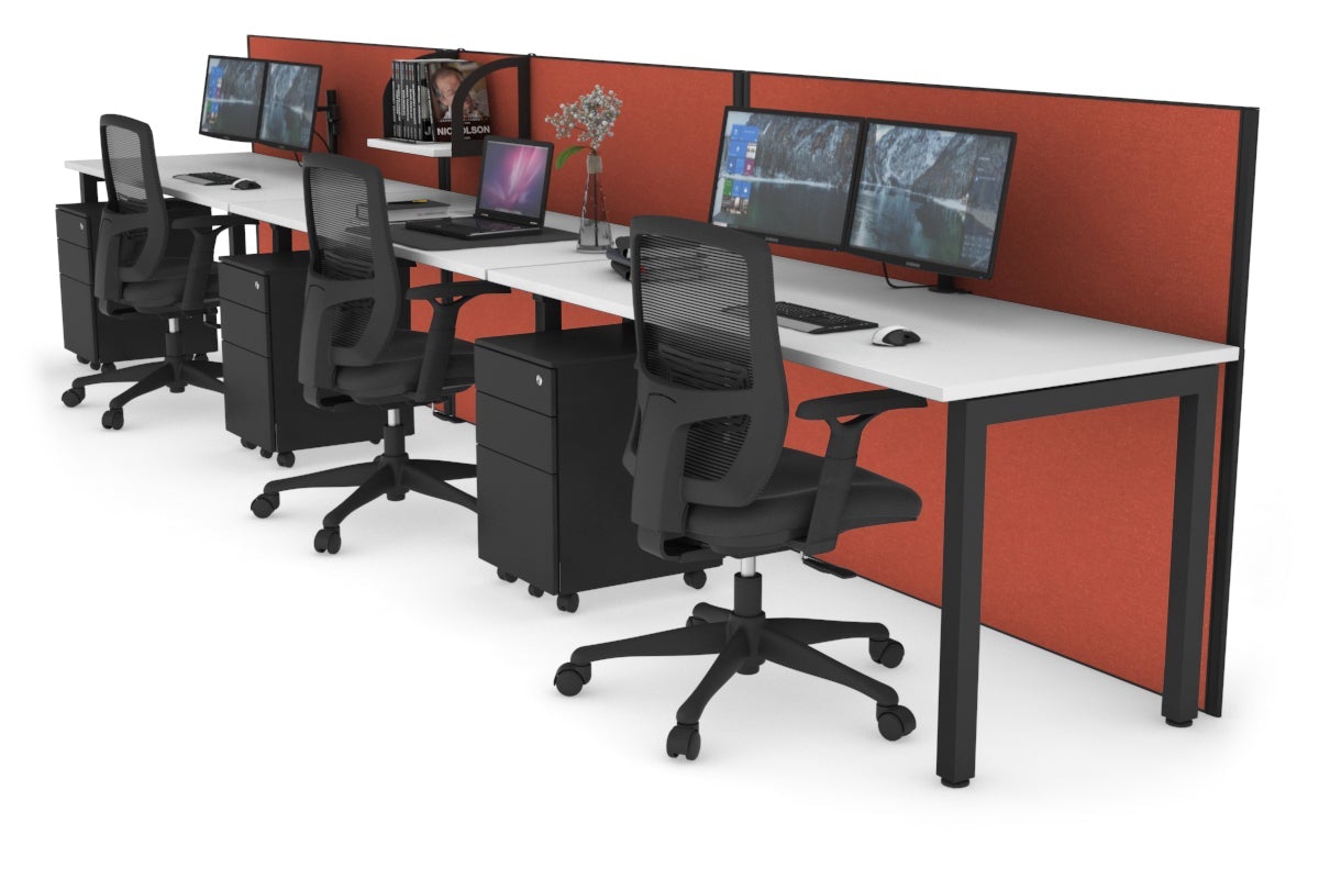Horizon Quadro 3 Person Run Square Leg Office Workstations [1400L x 700W] Jasonl black leg white orange squash (1200H x 4200W)