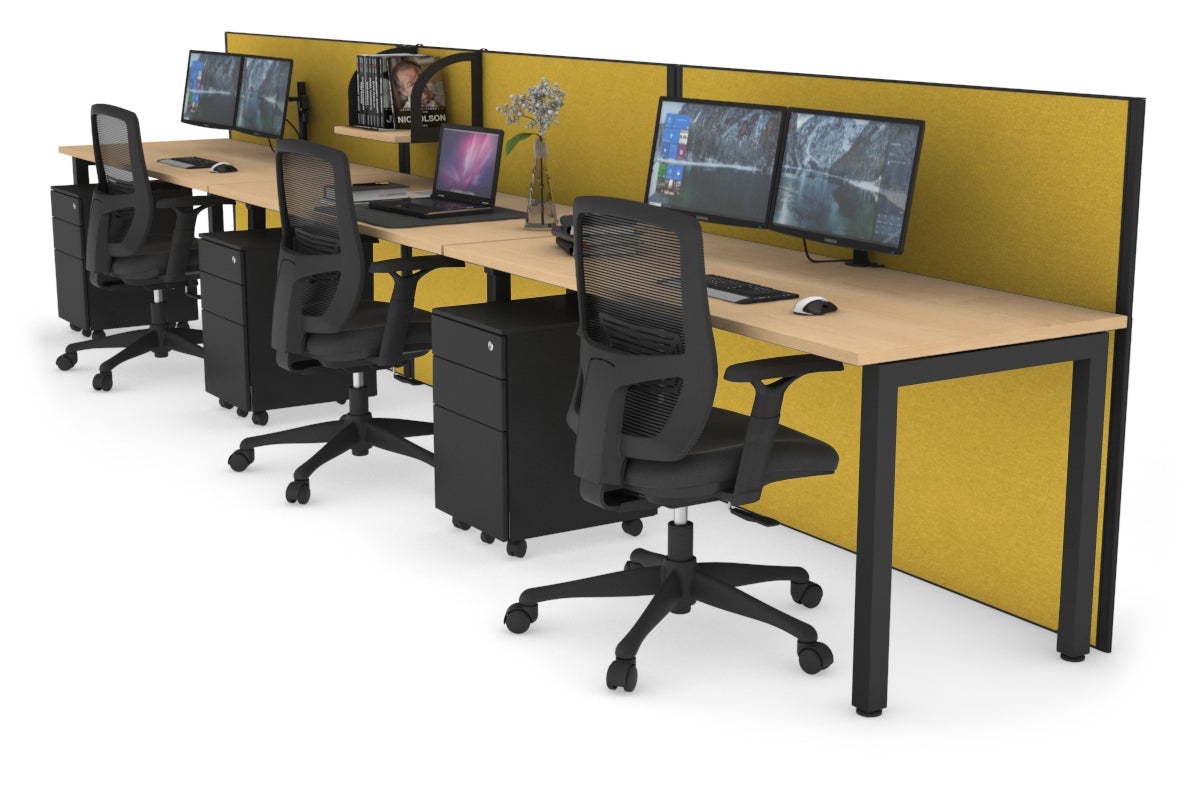 Horizon Quadro 3 Person Run Square Leg Office Workstations [1400L x 700W] Jasonl black leg maple mustard yellow (1200H x 4200W)