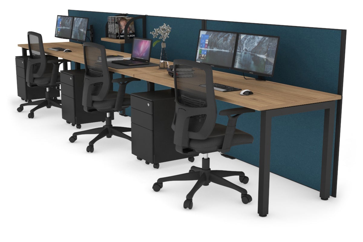 Horizon Quadro 3 Person Run Square Leg Office Workstations [1600L x 700W] Jasonl black leg salvage oak deep blue (1200H x 4800W)