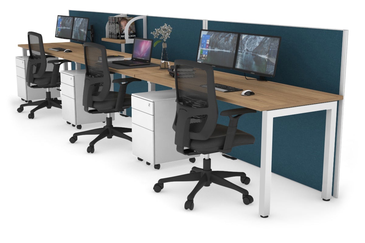 Horizon Quadro 3 Person Run Square Leg Office Workstations [1800L x 700W] Jasonl white leg salvage oak deep blue (1200H x 5400W)