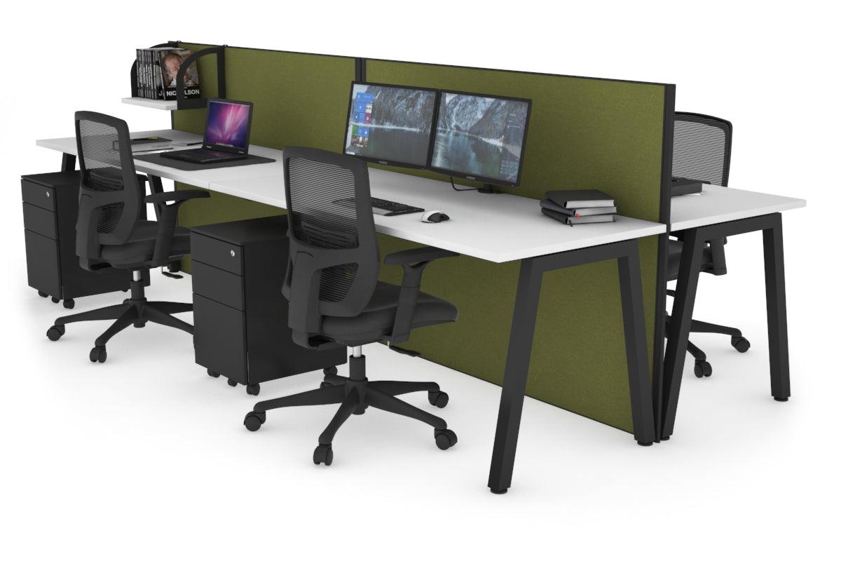 Horizon Quadro 4 Person Bench A Leg Office Workstations [1200L x 700W] Jasonl black leg white green moss (1200H x 2400W)
