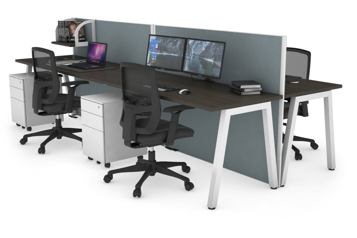 Horizon Quadro 4 Person Bench A Leg Office Workstations [1600L x 700W] Jasonl white leg dark oak cool grey (1200H x 3200W)