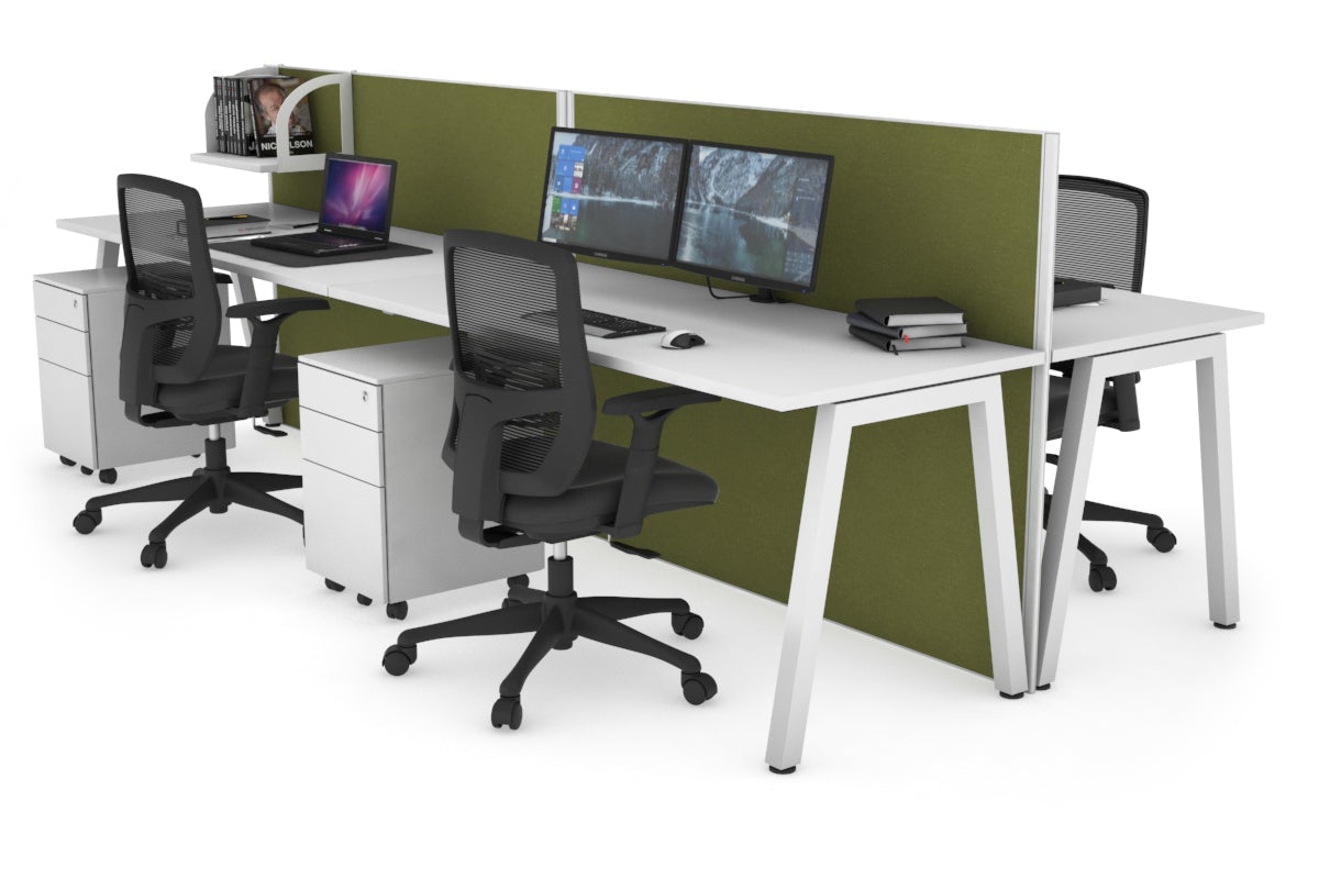 Horizon Quadro 4 Person Bench A Leg Office Workstations [1600L x 700W] Jasonl white leg white green moss (1200H x 3200W)