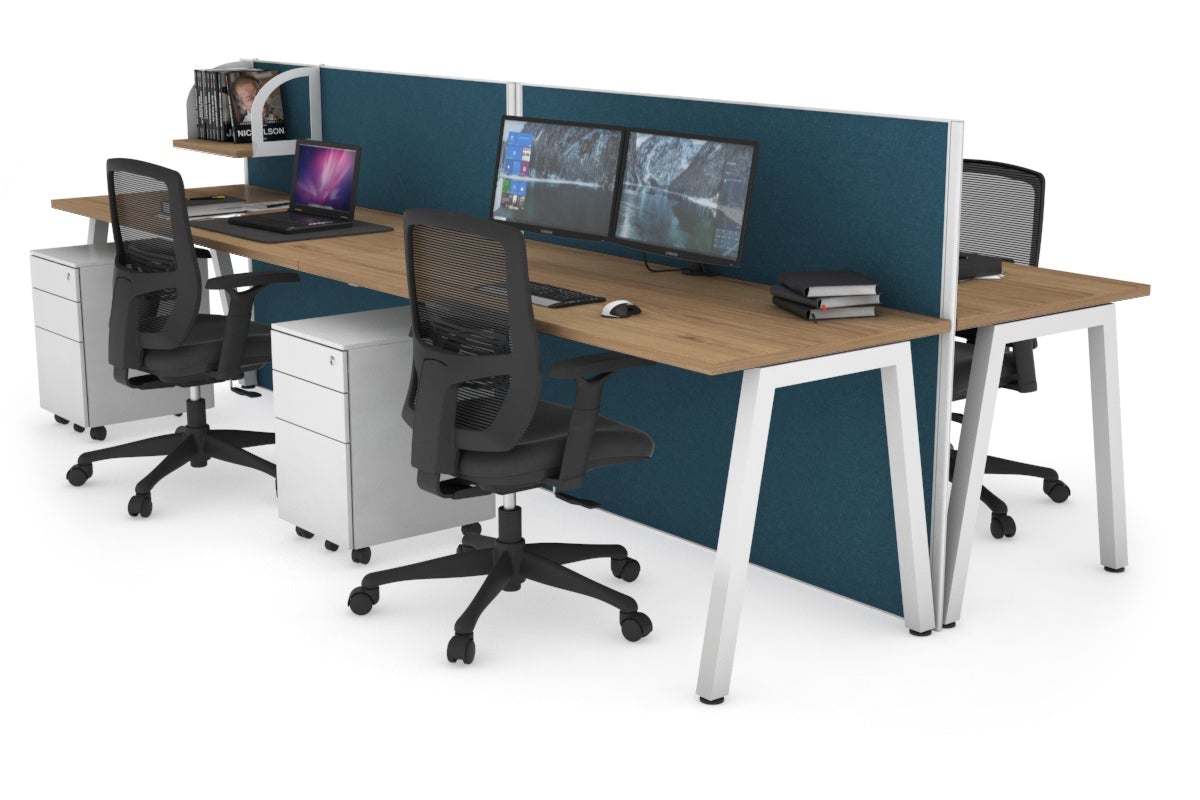 Horizon Quadro 4 Person Bench A Leg Office Workstations [1600L x 700W] Jasonl white leg salvage oak deep blue (1200H x 3200W)