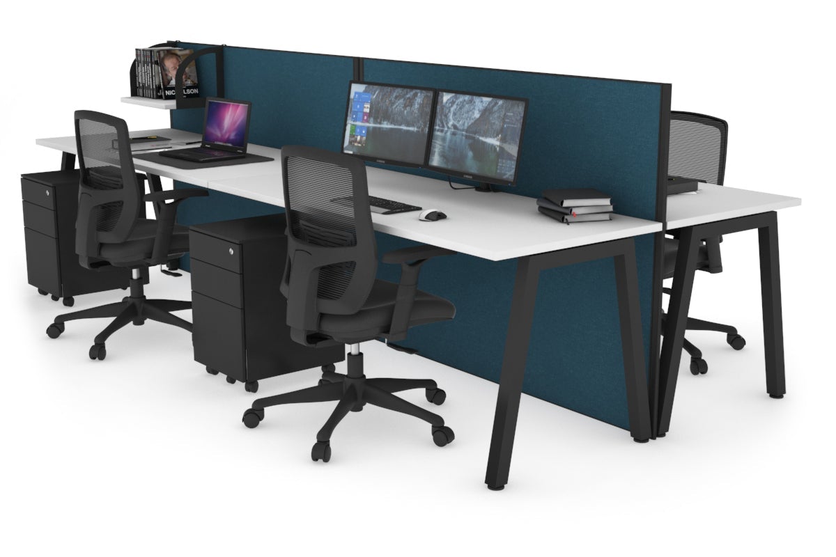 Horizon Quadro 4 Person Bench A Leg Office Workstations [1600L x 700W] Jasonl black leg white deep blue (1200H x 3200W)