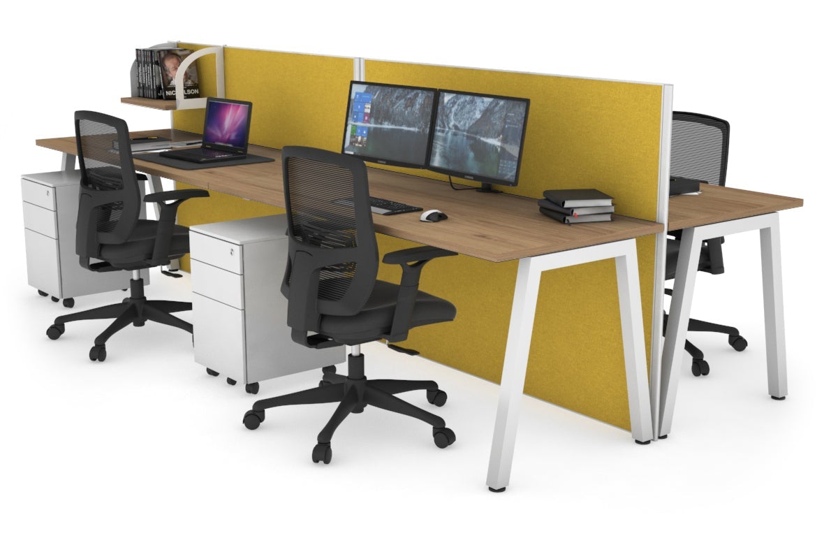 Horizon Quadro 4 Person Bench A Leg Office Workstations [1600L x 700W] Jasonl white leg salvage oak mustard yellow (1200H x 3200W)