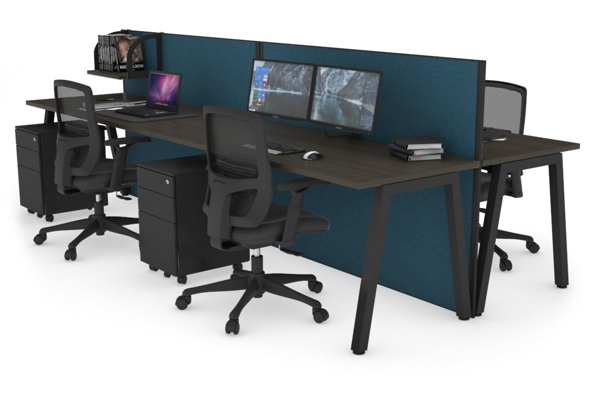 Horizon Quadro 4 Person Bench A Leg Office Workstations [1600L x 700W] Jasonl black leg dark oak deep blue (1200H x 3200W)