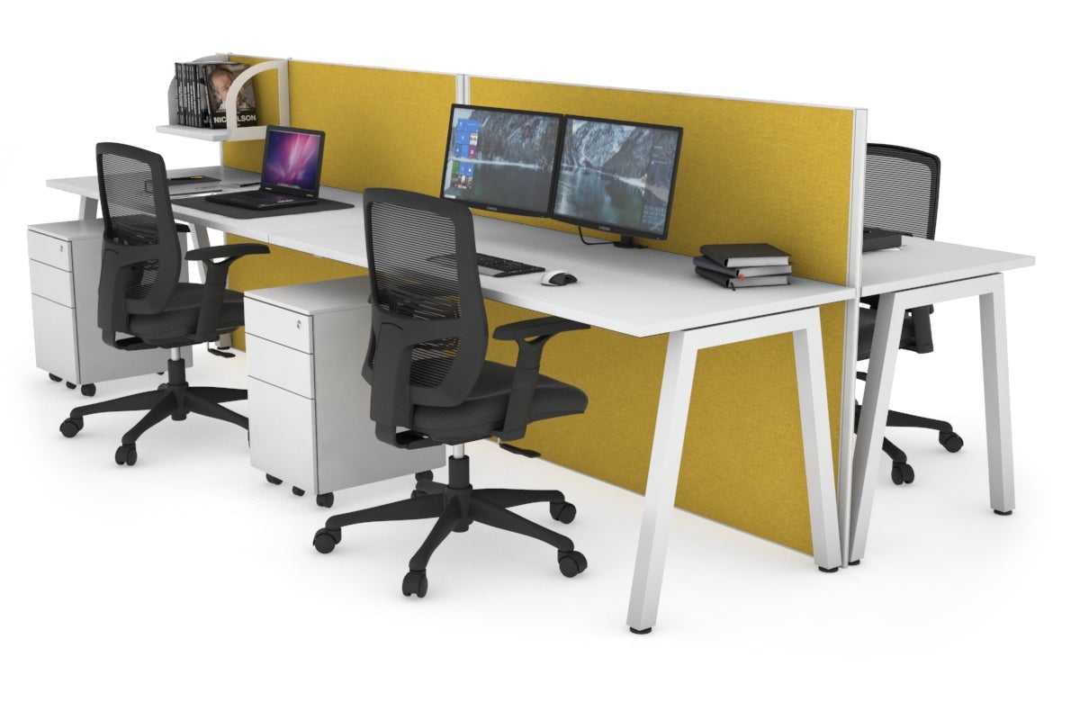 Horizon Quadro 4 Person Bench A Leg Office Workstations [1600L x 700W] Jasonl white leg white mustard yellow (1200H x 3200W)
