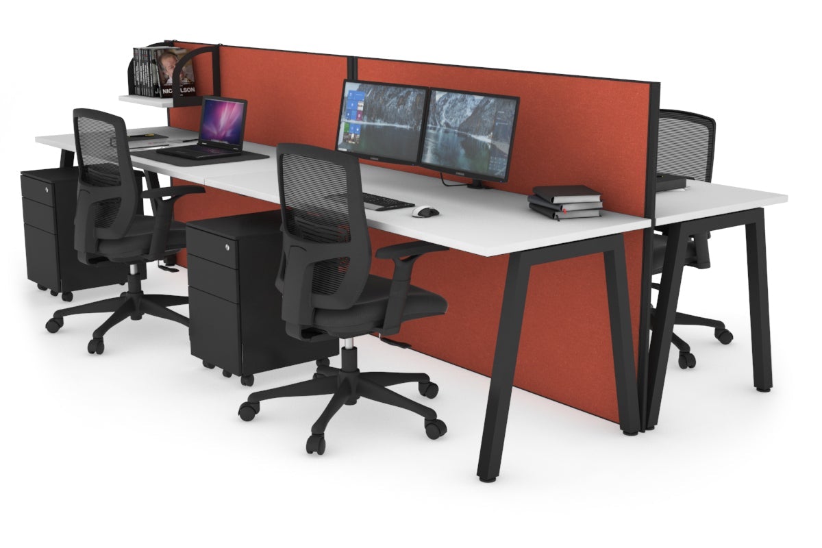Horizon Quadro 4 Person Bench A Leg Office Workstations [1600L x 700W] Jasonl black leg white orange squash (1200H x 3200W)