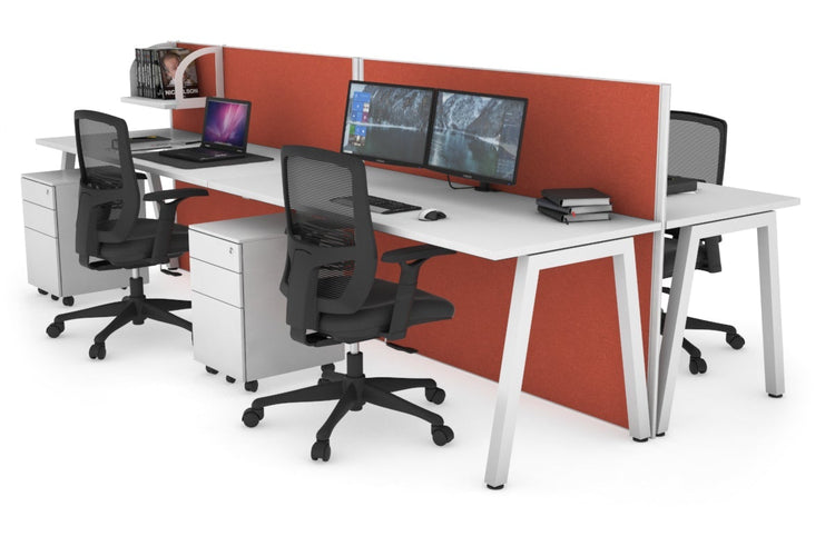 Horizon Quadro 4 Person Bench A Leg Office Workstations [1600L x 700W] Jasonl white leg white orange squash (1200H x 3200W)