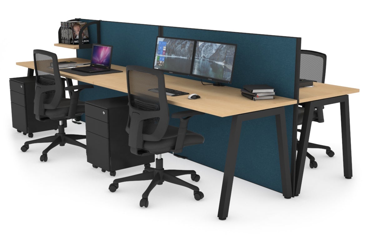 Horizon Quadro 4 Person Bench A Leg Office Workstations [1600L x 700W] Jasonl black leg maple deep blue (1200H x 3200W)