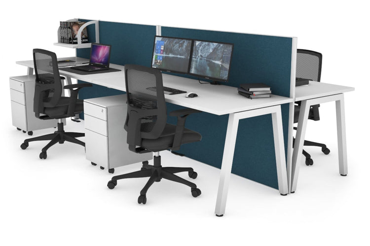 Horizon Quadro 4 Person Bench A Leg Office Workstations [1600L x 700W] Jasonl white leg white deep blue (1200H x 3200W)