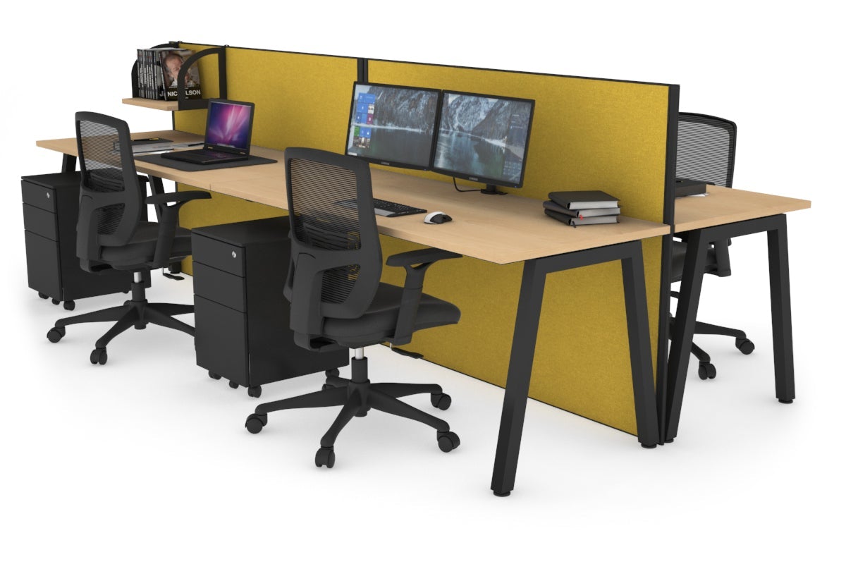 Horizon Quadro 4 Person Bench A Leg Office Workstations [1600L x 700W] Jasonl black leg maple mustard yellow (1200H x 3200W)