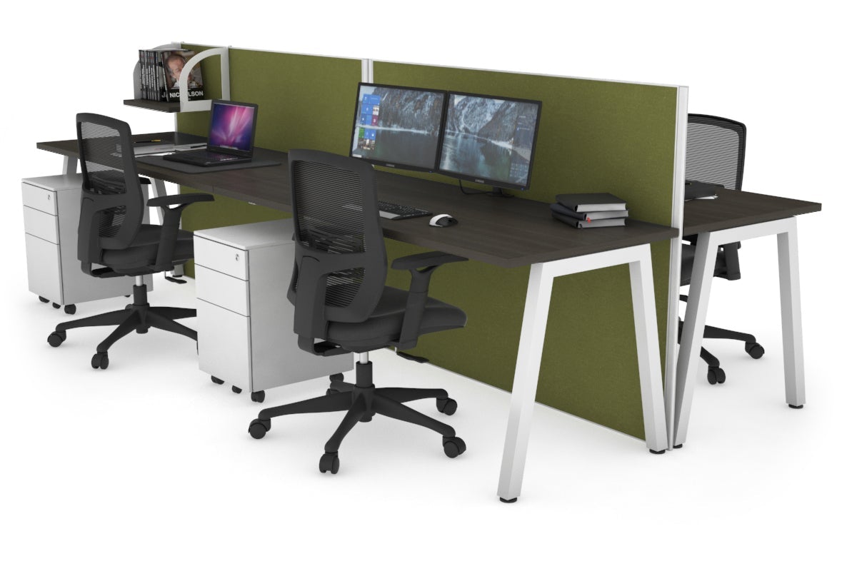 Horizon Quadro 4 Person Bench A Leg Office Workstations [1600L x 700W] Jasonl white leg dark oak green moss (1200H x 3200W)
