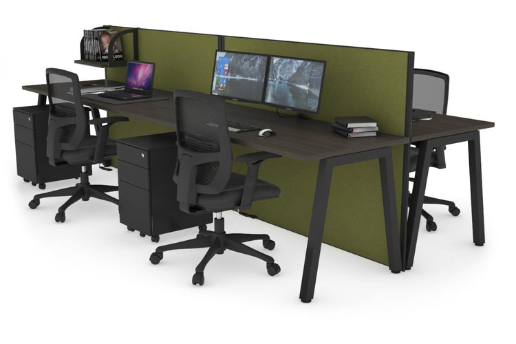 Horizon Quadro 4 Person Bench A Leg Office Workstations [1600L x 700W] Jasonl black leg dark oak green moss (1200H x 3200W)