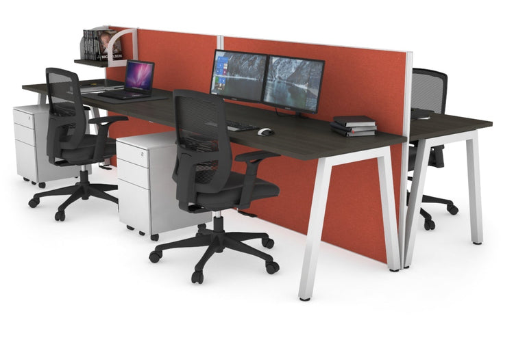 Horizon Quadro 4 Person Bench A Leg Office Workstations [1600L x 700W] Jasonl white leg dark oak orange squash (1200H x 3200W)