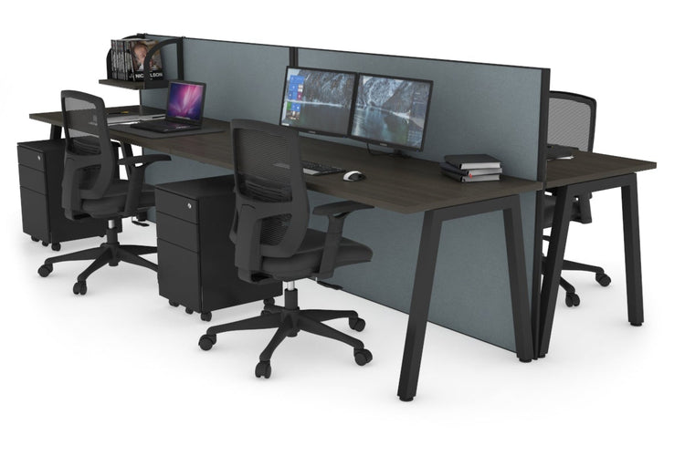 Horizon Quadro 4 Person Bench A Leg Office Workstations [1600L x 700W] Jasonl black leg dark oak cool grey (1200H x 3200W)