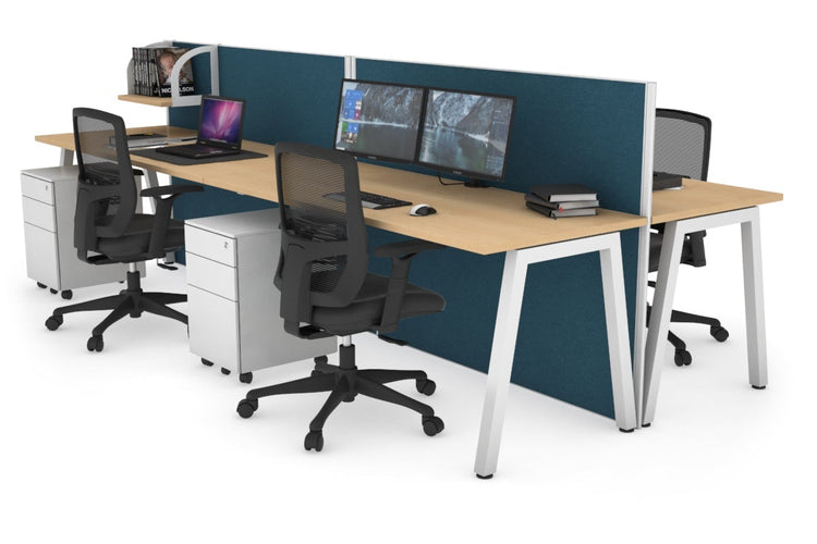 Horizon Quadro 4 Person Bench A Leg Office Workstations [1600L x 700W] Jasonl white leg maple deep blue (1200H x 3200W)