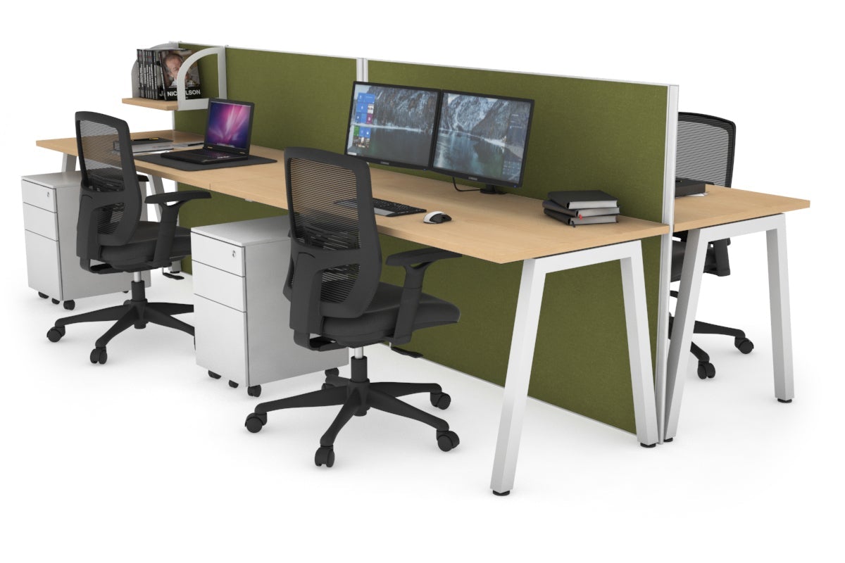 Horizon Quadro 4 Person Bench A Leg Office Workstations [1600L x 700W] Jasonl white leg maple green moss (1200H x 3200W)