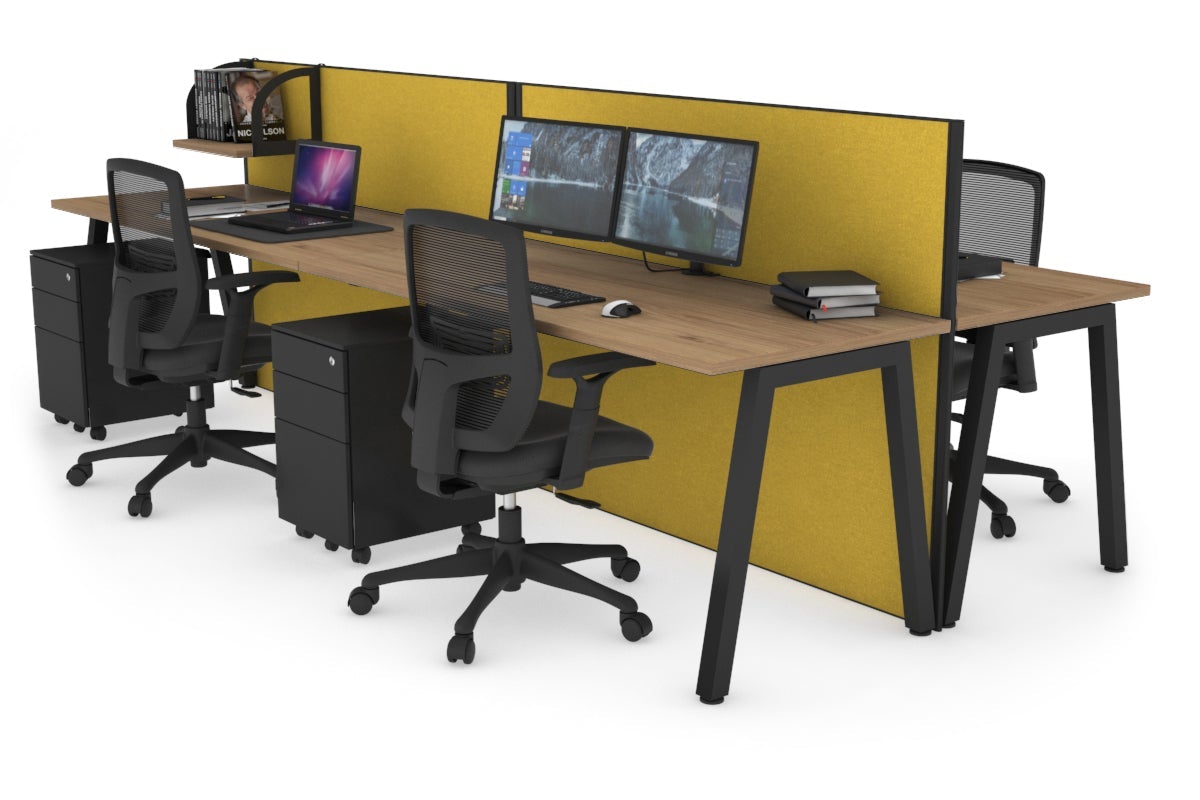 Horizon Quadro 4 Person Bench A Leg Office Workstations [1600L x 700W] Jasonl black leg salvage oak mustard yellow (1200H x 3200W)