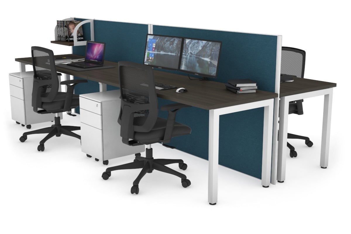 Horizon Quadro 4 Person Bench Square Leg Office Workstations [1400L x 700W] Jasonl white leg dark oak deep blue (1200H x 2800W)