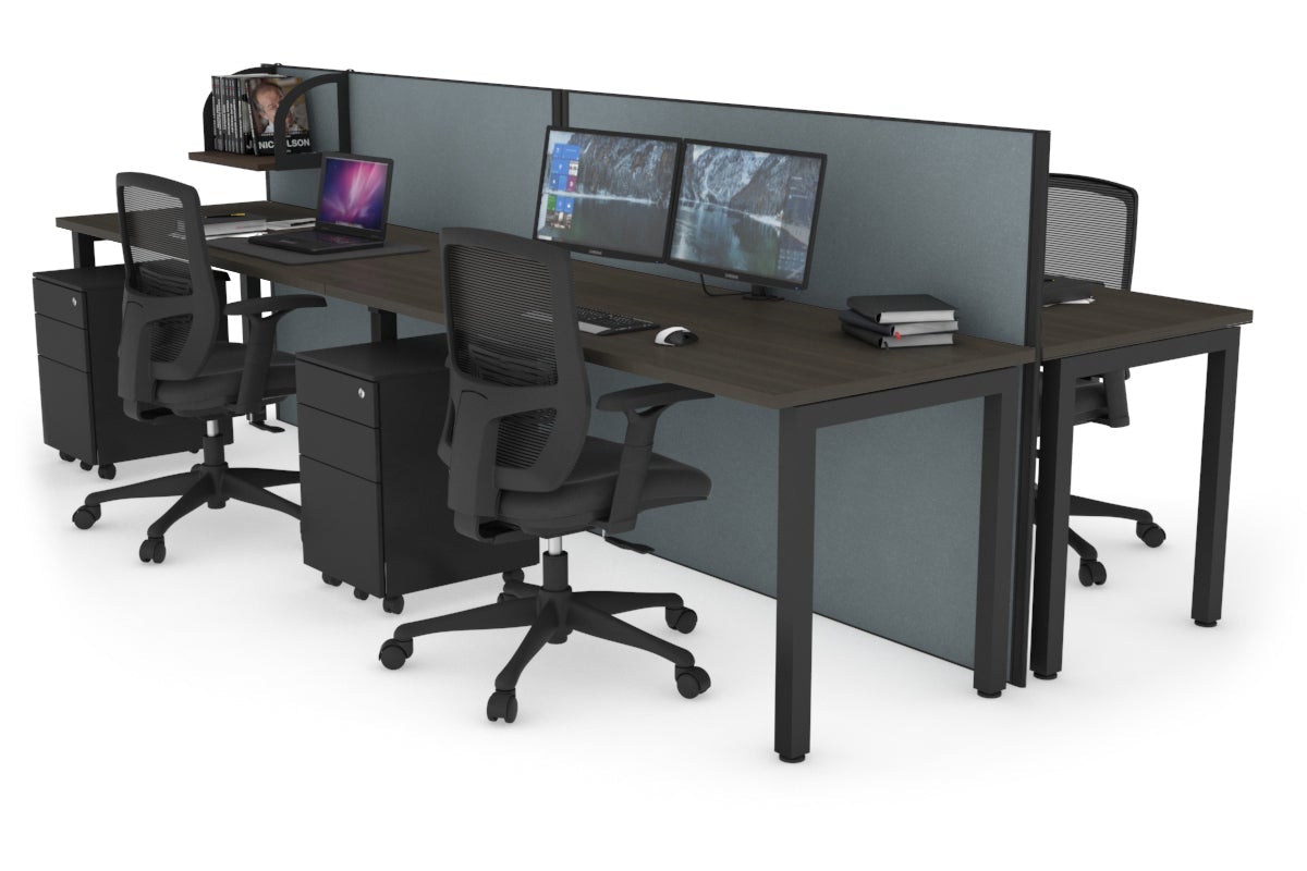Horizon Quadro 4 Person Bench Square Leg Office Workstations [1400L x 700W] Jasonl black leg dark oak cool grey (1200H x 2800W)