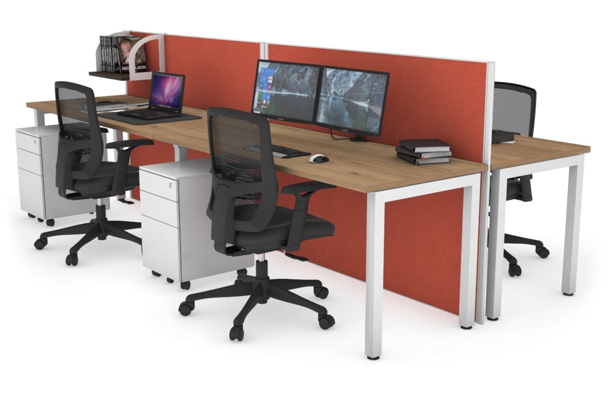 Horizon Quadro 4 Person Bench Square Leg Office Workstations [1400L x 700W] Jasonl white leg salvage oak orange squash (1200H x 2800W)