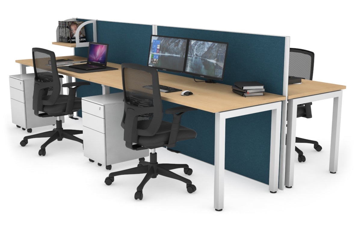 Horizon Quadro 4 Person Bench Square Leg Office Workstations [1400L x 700W] Jasonl white leg maple deep blue (1200H x 2800W)