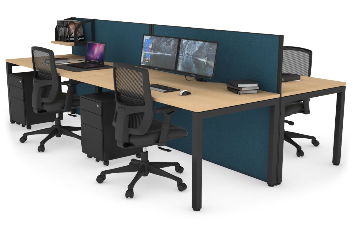 Horizon Quadro 4 Person Bench Square Leg Office Workstations [1400L x 800W with Cable Scallop] Jasonl black leg maple deep blue (1200H x 2800W)