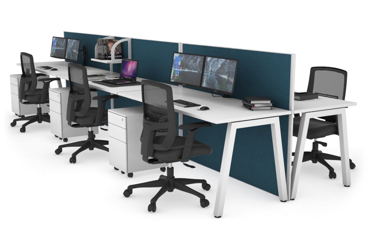 Horizon Quadro 6 Person Bench A Leg Office Workstations [1200L x 700W] Jasonl white leg white deep blue (1200H x 3600W)