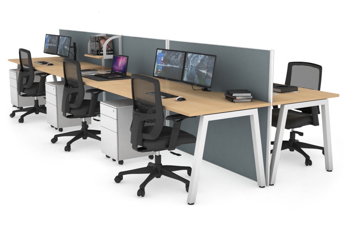 Horizon Quadro 6 Person Bench A Leg Office Workstations [1200L x 800W with Cable Scallop] Jasonl white leg maple cool grey (1200H x 3600W)