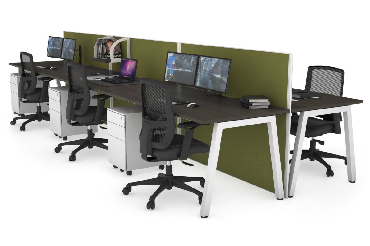 Horizon Quadro 6 Person Bench A Leg Office Workstations [1200L x 800W with Cable Scallop] Jasonl white leg dark oak green moss (1200H x 3600W)