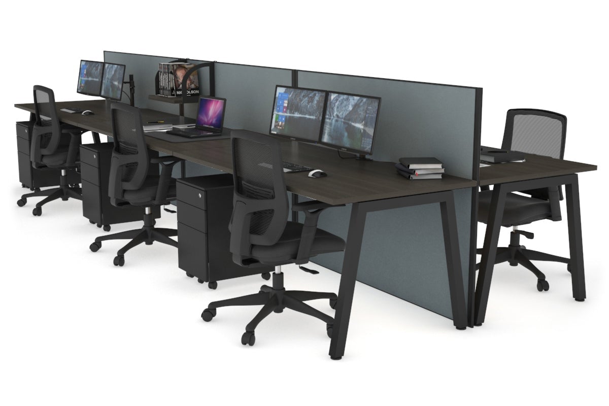 Horizon Quadro 6 Person Bench A Leg Office Workstations [1200L x 800W with Cable Scallop] Jasonl black leg dark oak cool grey (1200H x 3600W)