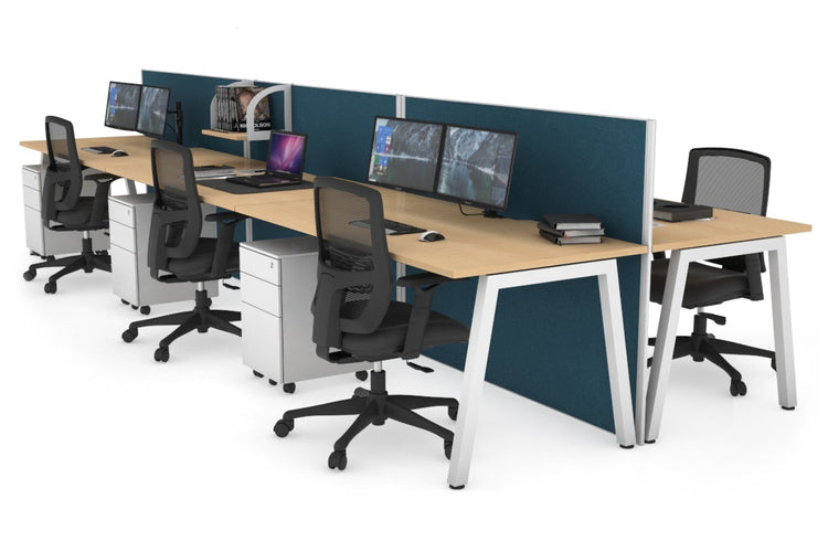 Horizon Quadro 6 Person Bench A Leg Office Workstations [1200L x 800W with Cable Scallop] Jasonl white leg maple deep blue (1200H x 3600W)