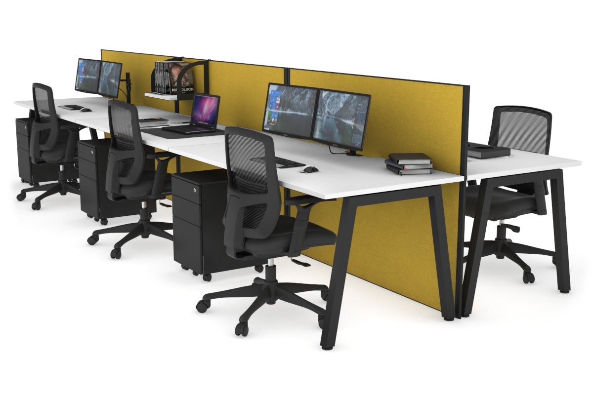 Horizon Quadro 6 Person Bench A Leg Office Workstations [1200L x 800W with Cable Scallop] Jasonl black leg white mustard yellow (1200H x 3600W)