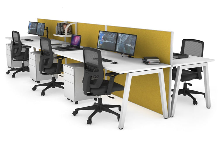 Horizon Quadro 6 Person Bench A Leg Office Workstations [1200L x 800W with Cable Scallop] Jasonl white leg white mustard yellow (1200H x 3600W)