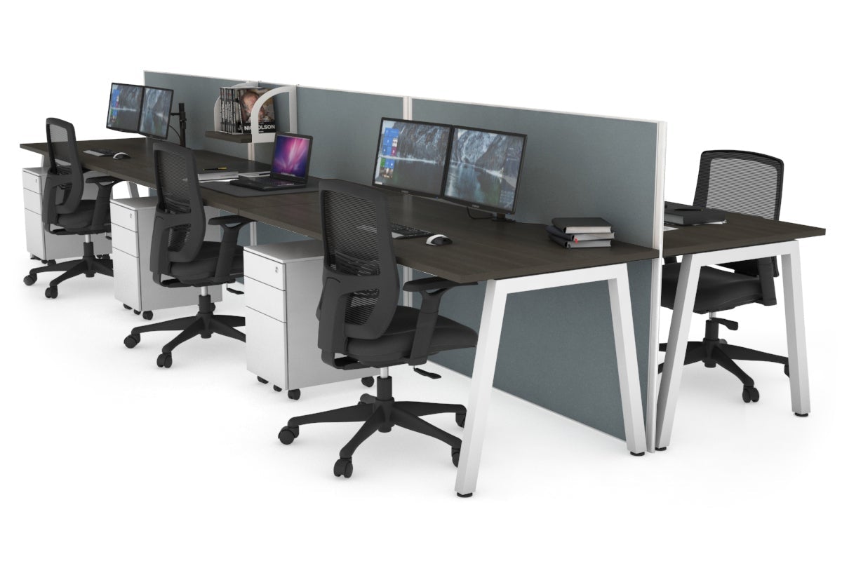 Horizon Quadro 6 Person Bench A Leg Office Workstations [1200L x 800W with Cable Scallop] Jasonl white leg dark oak cool grey (1200H x 3600W)