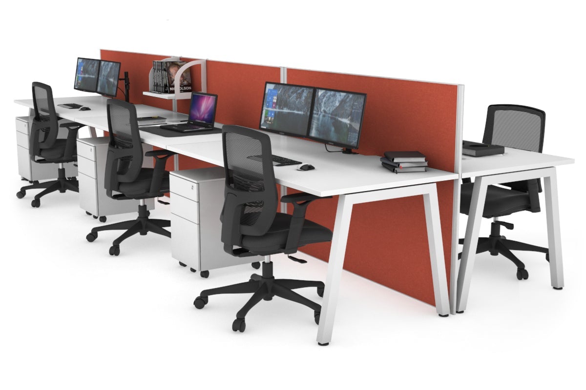 Horizon Quadro 6 Person Bench A Leg Office Workstations [1400L x 800W with Cable Scallop] Jasonl white leg white orange squash (1200H x 4200W)