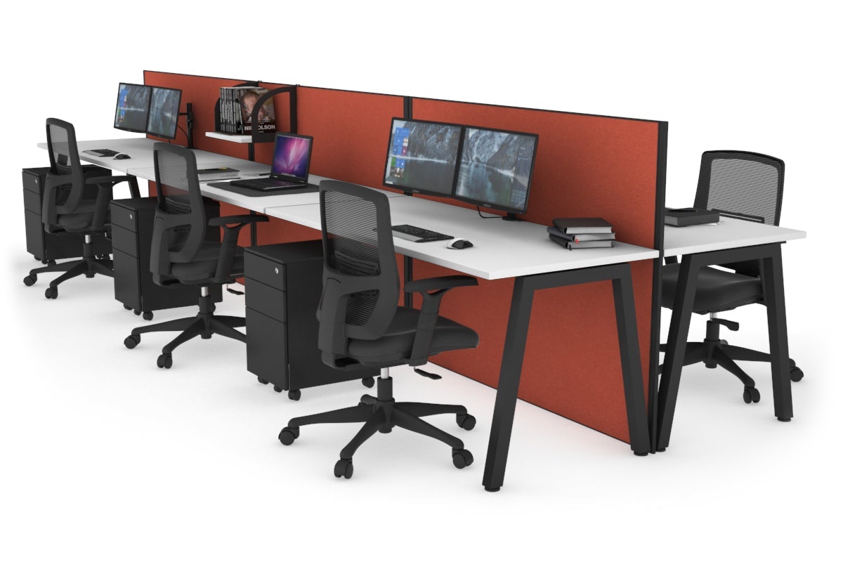Horizon Quadro 6 Person Bench A Leg Office Workstations [1600L x 700W] Jasonl black leg white orange squash (1200H x 4800W)