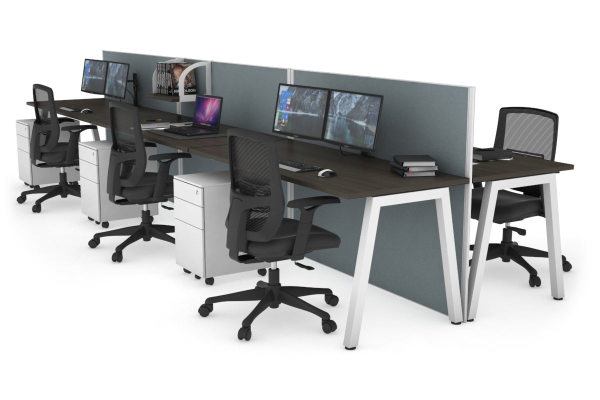 Horizon Quadro 6 Person Bench A Leg Office Workstations [1600L x 700W] Jasonl white leg dark oak cool grey (1200H x 4800W)