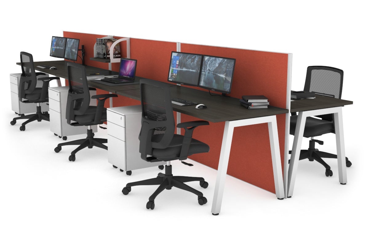 Horizon Quadro 6 Person Bench A Leg Office Workstations [1600L x 700W] Jasonl white leg dark oak orange squash (1200H x 4800W)