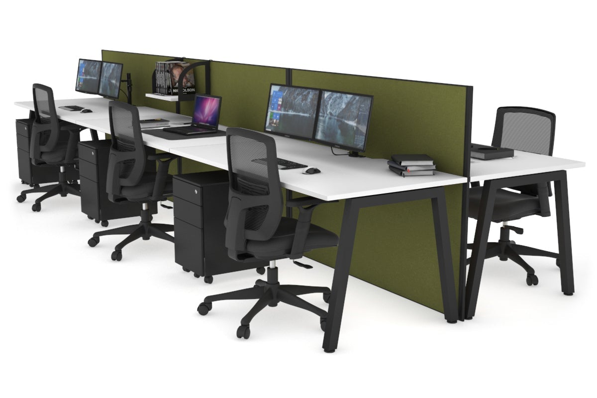 Horizon Quadro 6 Person Bench A Leg Office Workstations [1600L x 800W with Cable Scallop] Jasonl black leg white green moss (1200H x 4800W)