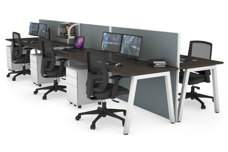 Horizon Quadro 6 Person Bench A Leg Office Workstations [1600L x 800W with Cable Scallop] Jasonl white leg dark oak cool grey (1200H x 4800W)