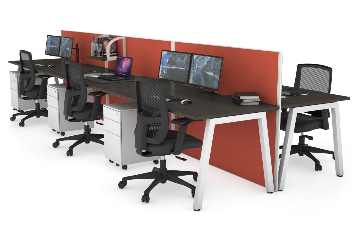 Horizon Quadro 6 Person Bench A Leg Office Workstations [1800L x 800W with Cable Scallop] Jasonl white leg dark oak orange squash (1200H x 5400W)