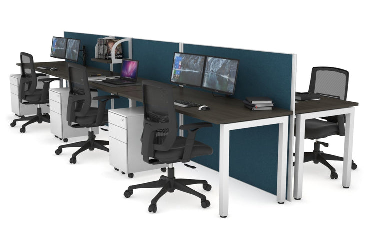 Horizon Quadro 6p Bench Square Leg Office Workstation [1200L x 700W] Jasonl white leg dark oak deep blue (1200H x 3600W)